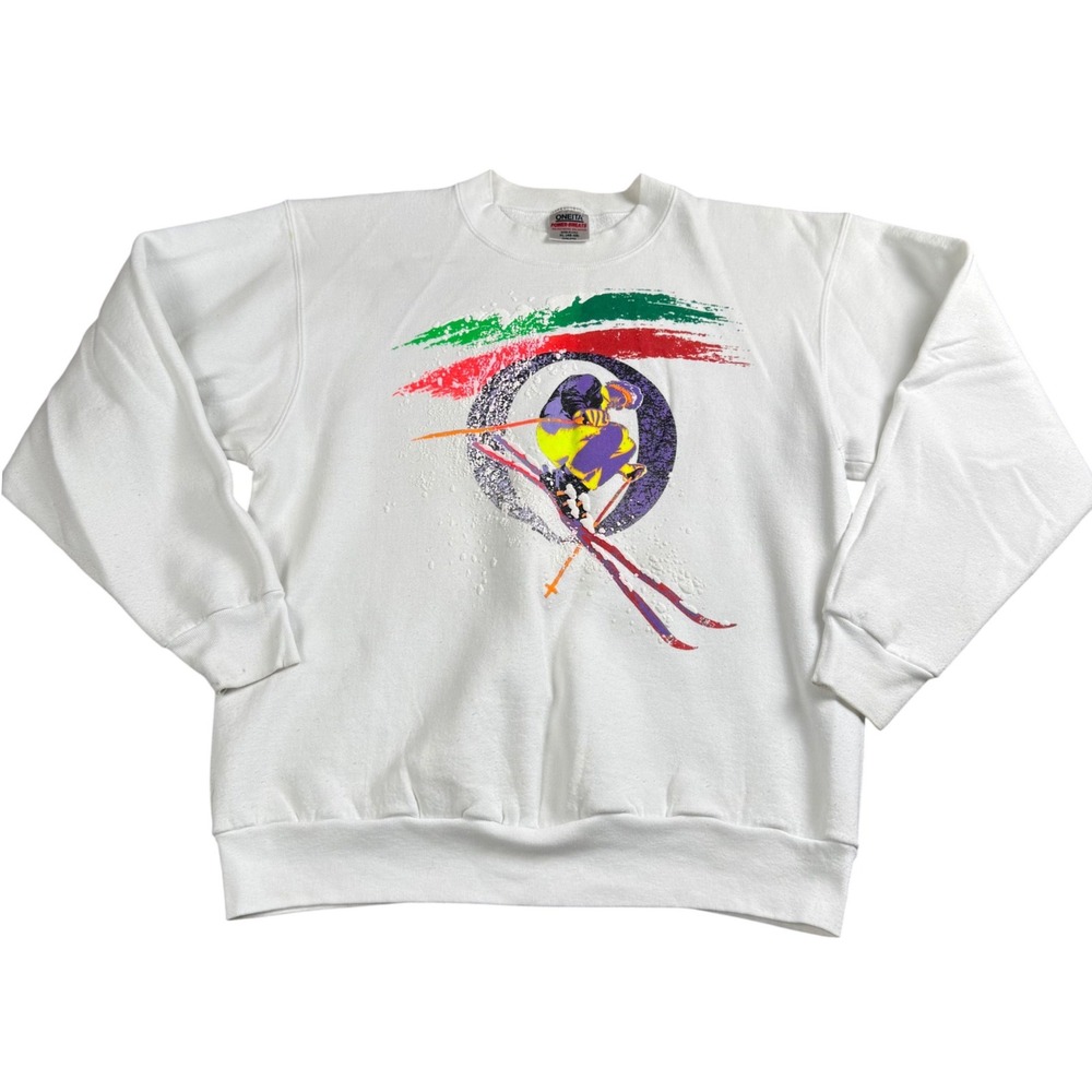 Oneita Vintage Ski Sweatshirt Men XL 90s Retro Puff Print Apres USA Steve Oreno